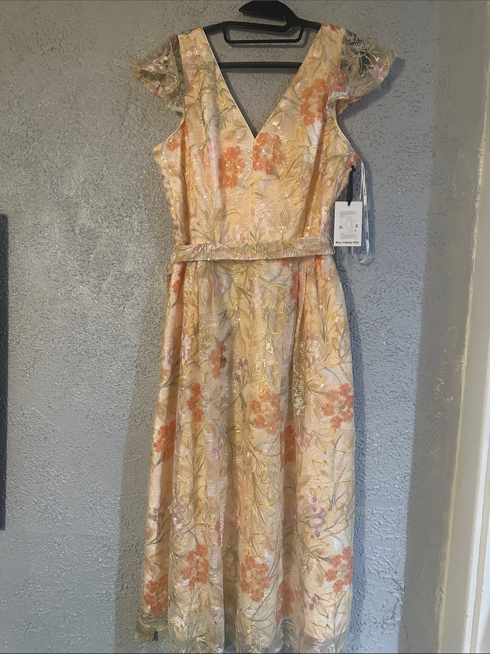 Kensie Peach and Gold Floral V-Neck Midi Dress